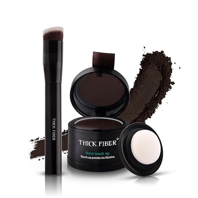 THICK FIBER Root Touch Up Powder with Brush – Covers Grey Roots, Thinning Hair & Bald Spots – Sweat & Water Resistant for Men & Women (Deep Dark Brown, 0.14 Ounce)