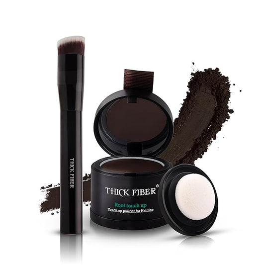 THICK FIBER Root Touch Up Powder with Brush – Covers Grey Roots, Thinning Hair & Bald Spots – Sweat & Water Resistant for Men & Women (Deep Dark Brown, 0.14 Ounce)