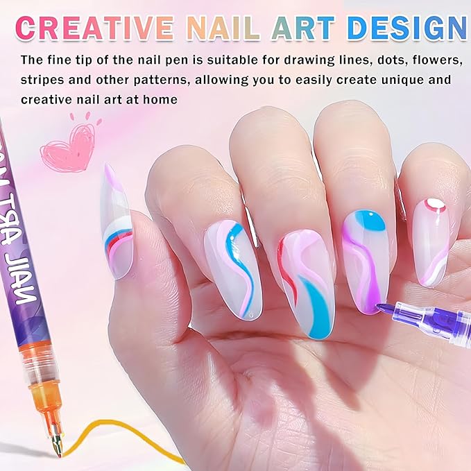 12 Colors Nail Art Pens Set, 0.5mm Fine Tip Nail Art Marker for DIY Nail Designs, Water-Based Quick Dry Nail Drawing Pens, Multi-Color Nail Painting Liner Pens for Manicure Beginners & Nail Artists