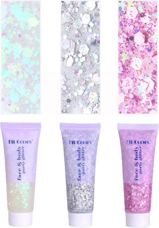 Face Body Glitter, Hair Glitter Sparkles Chunky Face Glitter Gel for Girls Makeup Singer Concerts Mermaid Festival Sequins Face Paint (White+Silver+Pink)