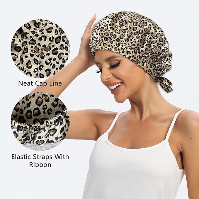 Cocheng 100% Mulberry Silk Bonnet for Sleeping Double Layer Silk Sleep Cap with Adjustable Tie Band 19 Momme Breathable & Adjustable Hair Bonnet (Leopard)