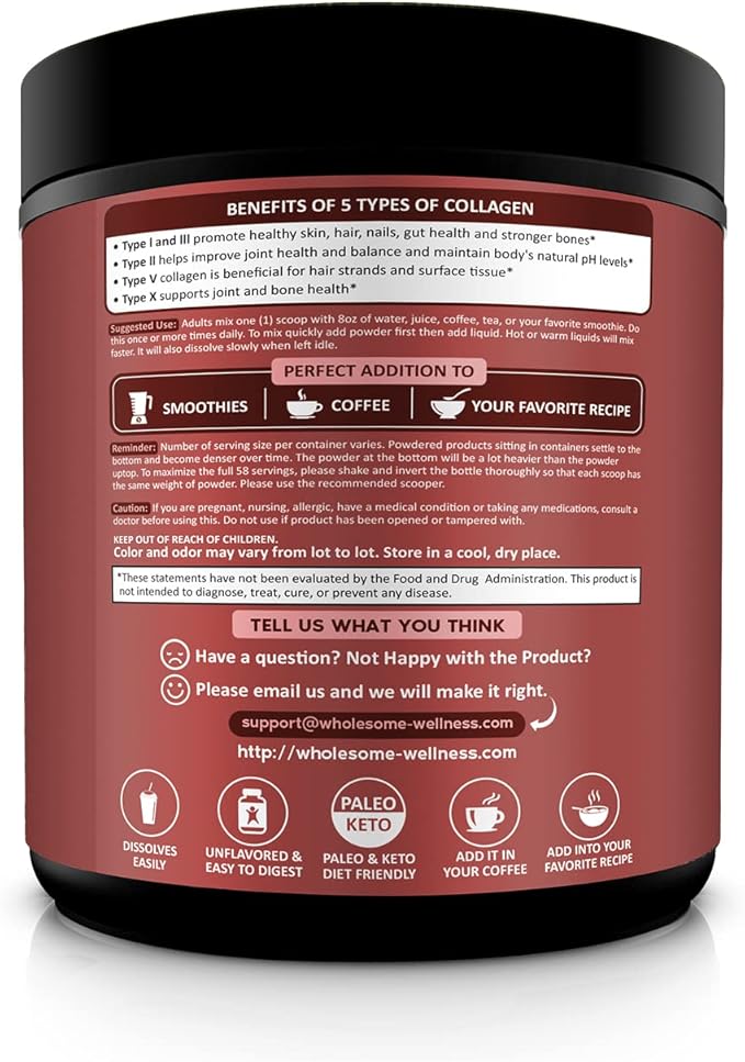 Wholesome Wellness Premium Multi Collagen Peptides Powder for Women and Men | 5 Types of Hydrolyzed Collagen | Grass-Fed, Non-GMO & Unflavored | Pure Protein for Youthful Skin & Joint Recovery