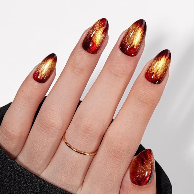 VSALON Press on Nails Short Almond - Golden Spakly Cat Eye Glitter Flame Design, Reusable Opaque Gel Magnetic Effect Fake Nails with Glue & Cuticle Oil - 32 PCS in 16 Sizes Valentines Gift for Women