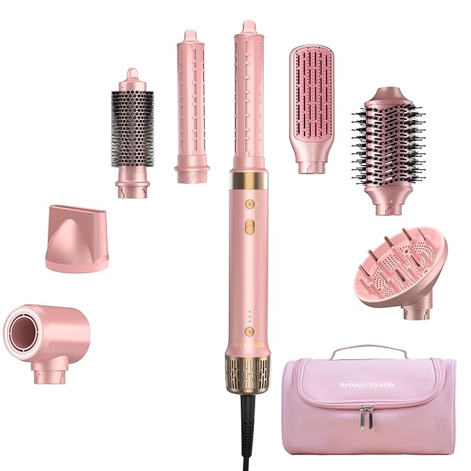 Mythsight StyleVibe 8-in-1 Air Styler, Hair Dryer & Blow Dryer Brush with Travel Case - Auto Wrap Curls (L/R), Fast Drying, Thermal Round Brush for Smooth Blowouts & Frizz-Free Volume, No Heat Damage