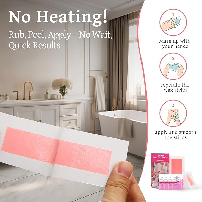 Waxpro Easy Wax Strips for Hair Removal - 60 Counts, 4 Soothing Wipes, No Heat Needed, Quick & Effective Face & Body Waxing Strips for Women, Perfect for Eyebrows, Lip, Leg & Body Hair Removal (Red)