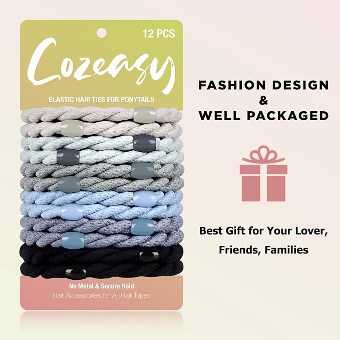 12 pcs Assorted Elastic Hair Ties, No-Metal Gentle Secure Hold Ponytail Holders, No Damage or Snagging Braided Hair Bands, Perfect for Girls and Women with Thick or Curly Hair (Multicolor 18)
