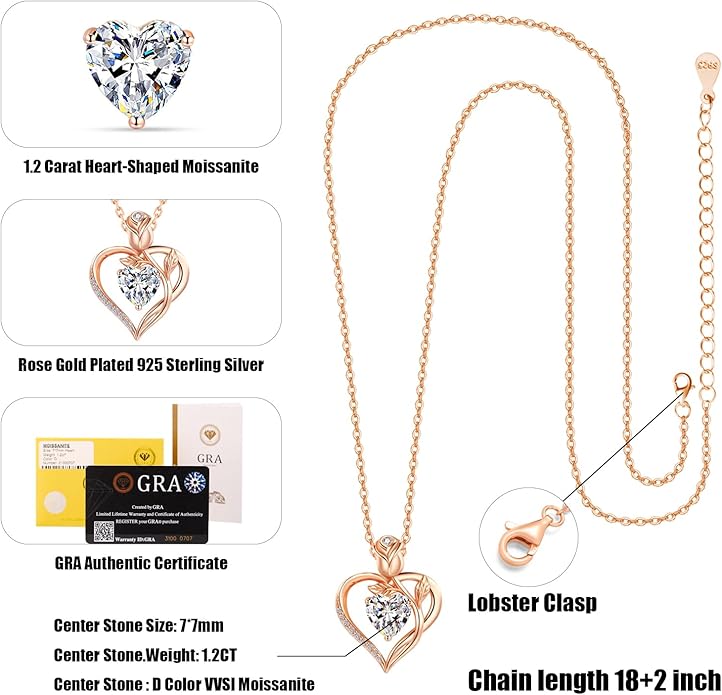 1.2CT Rose Heart Necklace Option of Moissanite or Lab-Grown Sapphire Ruby Emerald&More Necklace for Women Birthstone Girlfriend Necklace S925 Sterling Silver 18K White/Rose Gold Plated D Color VVS1 Gift for Wife Mother Daughter for Birthday Anniversary...