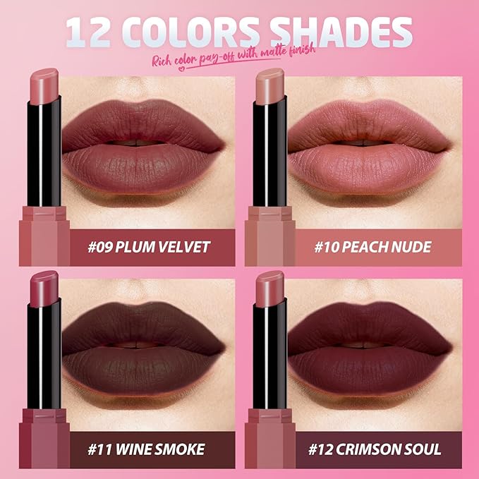 Jolilab 2Pcs Velvet Matte Lipstick Nude Matte Soft Dark Color Stick High Pigmented Long-Lasting Waterproof Lip Stick Lip Balm Beauty Cosmetics Gift for Women(#11+12)