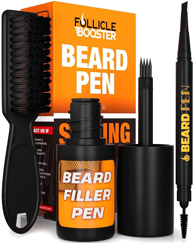 FOLLICLE BOOSTER Beard Pen Filler Styling Kit for Men - 3-in-1 Filling Set with 4-Tip Fork, Normal Pencil, and Brush - Waterproof, Sweatproof & All-Day Hold - Jet Black