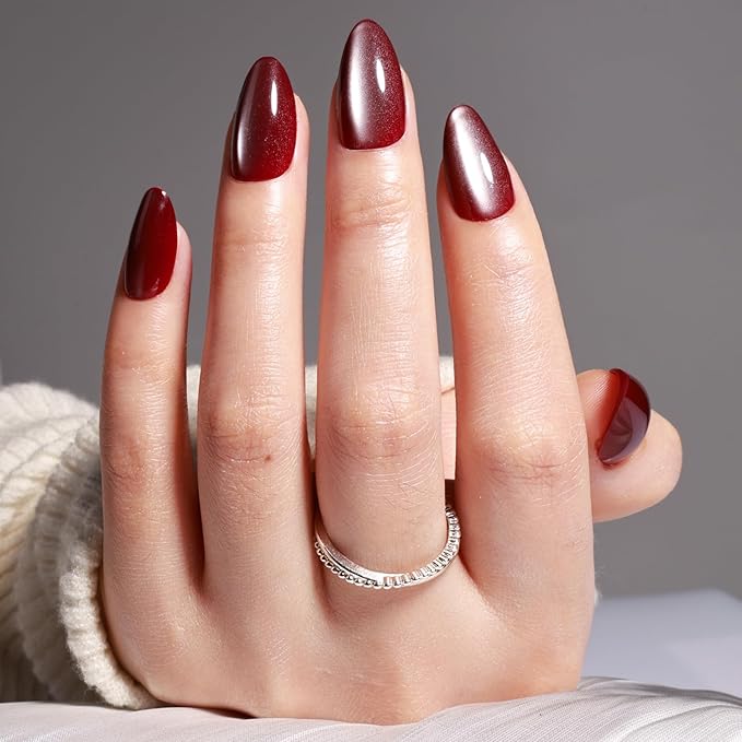 Leefrei Cat Eye Press On Nails - Glazed Ruby Red Press On Nails Short Almond Nails Press Ons for Women Fake Nails with Glue, Glossy Reusable Glue on Nail in 16 Sizes - 32pcs, Ruby Moon