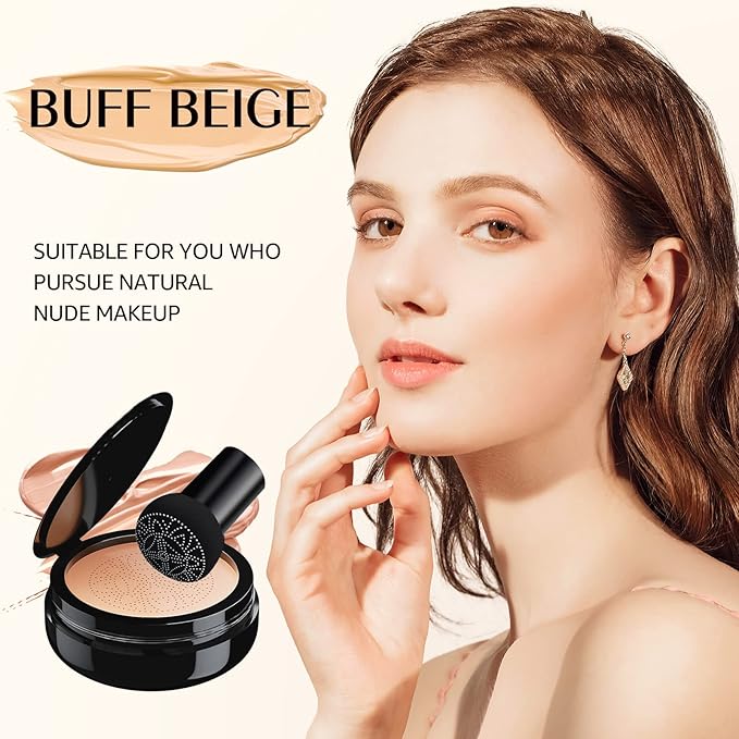 Mushroom Head Air Cushion CC Cream - Moisturizing & Oil Control BB Cream Foundation Create Long-Lasting, Waterproof Makeup Base Primer, Concealer Full Coverage for All Skin Types (Buff Beige)