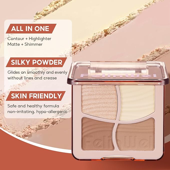 FelinWel Highlight Contour Makeup Palette Effortless Blending Matte Shimmer Highlighter Palette and Bronzer Powder for Warm Toned Skin with Brush