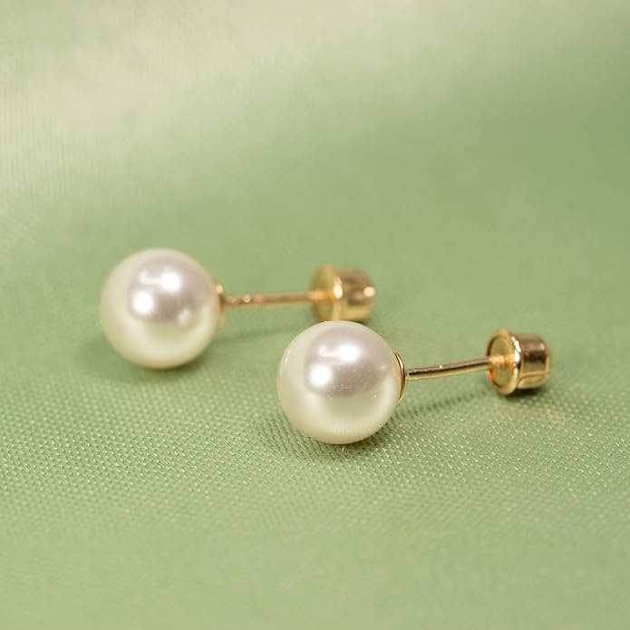 14k Gold Pearl Stud Earrings for Women (3mm-6mm Diameter) - Freshwater Pearl, Real Solid 14k Gold, Secure Screw Back Design