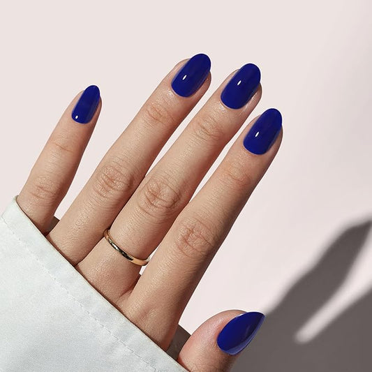 BTArtbox Press On Nails Short - Navy Blue Press On Nails, Short Oval Fake Nails with Nail Glue, Natural Soft Gel Nail Kit, Natural Reusable Glue On Nails in 16 Sizes, Mystic