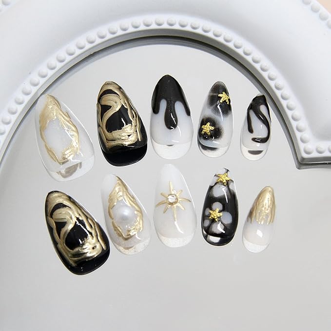 Chrome Gold Press on Nails Almond Fake Nails 3D Gold Star Totem False Nails with Glitter Rhinestones Nail Designs Charms Press on Artificial Nails Glossy Full Over Stick on Nails for Women DIY Decor