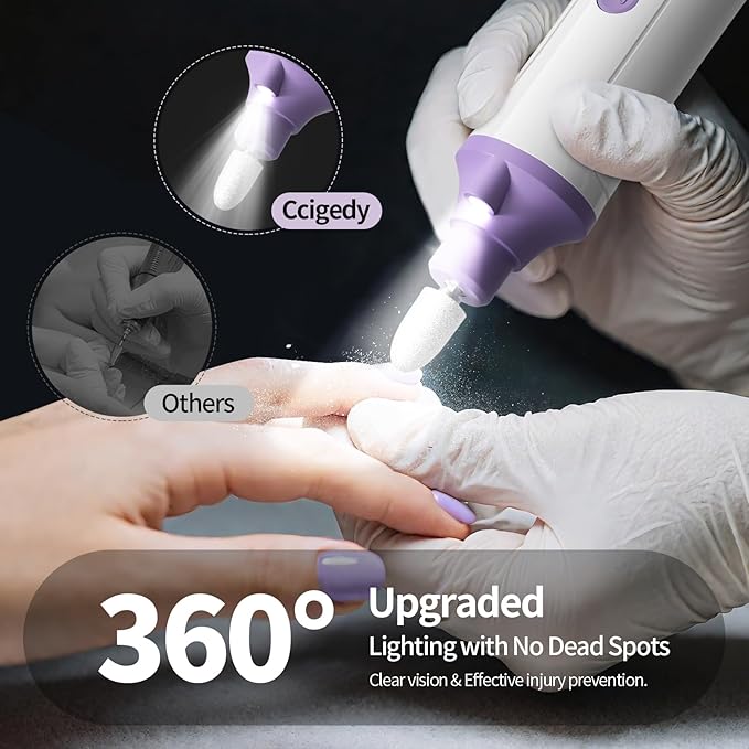 Ccigedy Professional Manicure Pedicure Electric Nail File for Thick Nails Hand Feet Care,Cordless Toenail Grinder 15 Speed,Nail Drill with LCD Screen,Ideal Valentine's Day Gift for Women/Men-Purple