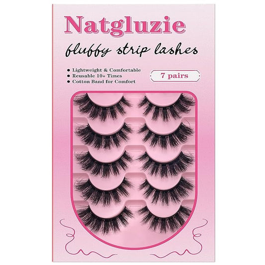 Natgluzie Eyelashes Wispy Lashes Strips - Russian D Curl Strip lashes, 3D Volume Mink Eyelash for Dramatic Look, 7-Pairs Fluffy False Eyelashes