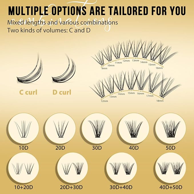 QUEWEL Lash Clusters 320Pcs Cluster Lashes 10D+20D D Curl Lash Cluster Eyelash Extensions Mix12-18mm Individual Eyelashes Clusters Wispy Lash Clusters Thin Band Soft to Use at Home(10D+20D D Mix12-18)