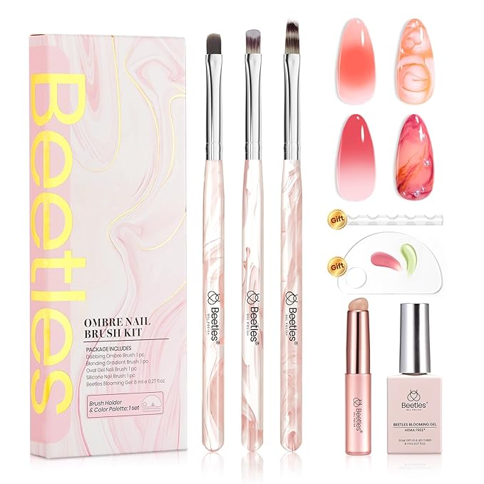 Beetles Blooming Gel and Nail Art Brushes Set - Ombre Nail Brush Gradient Stipple Clean Up Fingernail Art Pens and Silicone Dotting Tool for Gel Polish Marble Blush Chrome DIY Manicure Designs