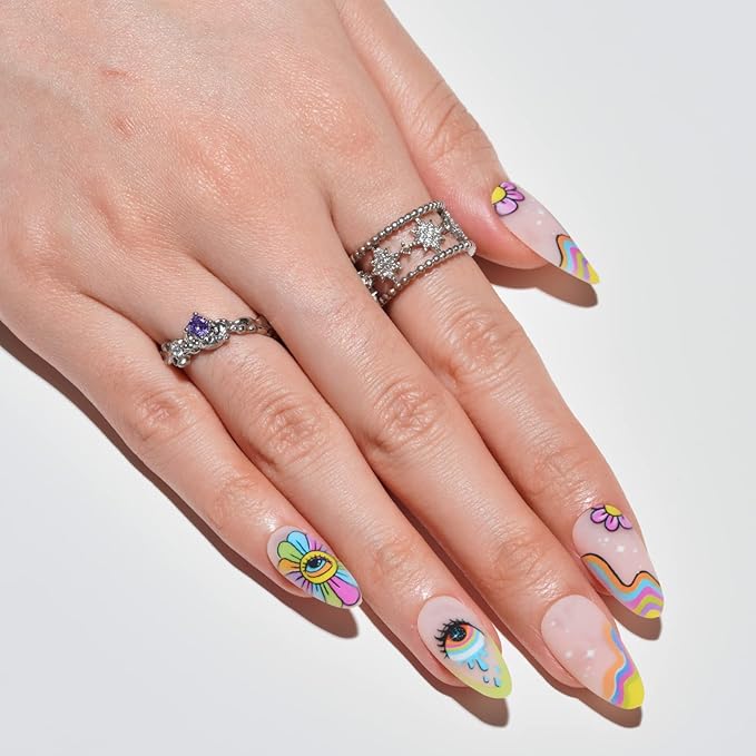 GLAMERMAID Press on Nails Medium Almond, Gothic Rainbow Flower Gel Glue on Nail, Matte Short Stiletto Reusable UV Finish Fake Nails Acrylic False Nails Manicure Kits for Women