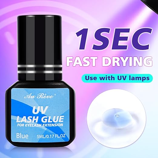 UV Eyelash Glue UV Glue 5ml DIY Lash Extensions 1 Sec Light Curing Fast-Drying 7-8 Weeks Long Lasting Waterproof Professional Use Only (Blue)