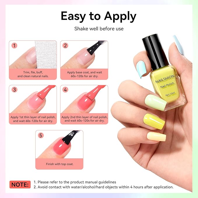 Nailshion Pastel Nail Polish Set-16 Colors Macaron Pink Blue Yellow Nude Pink Purple Air Dry Nail Polish Set with Base Top Coat & Remover Pads,Vegan, Non-gel Air Dry DIY Nail Art Salon Gift for Women
