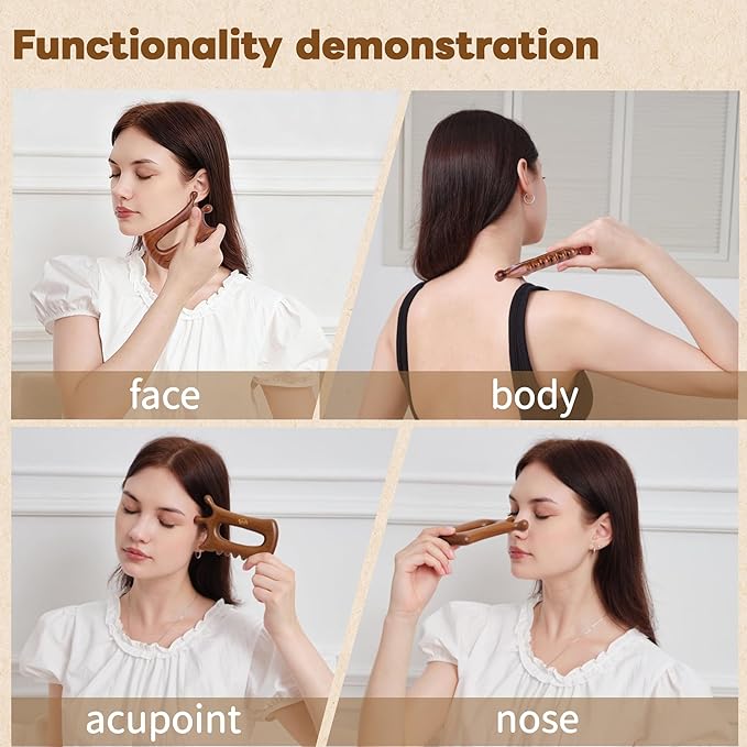 Aurift Wooden Gua Sha Massage Tool for Face & Body – Dual Trigger Point Acupressure Massager for Nose & Eye Area, Manual Muscle Scraper with Ergonomic Grip for Jawline & Neck Relief in Gift Box