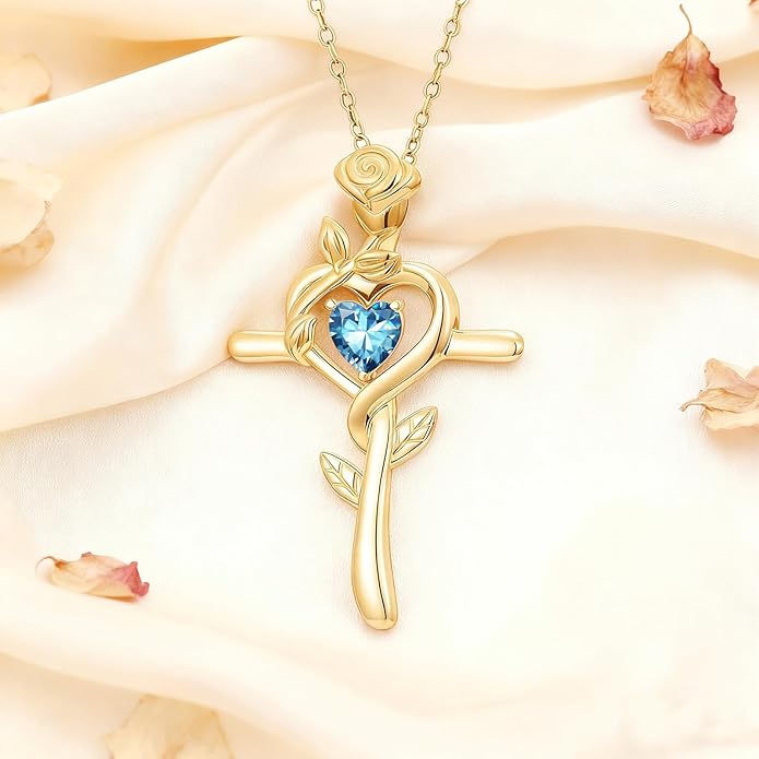 Midari 18K Yellow Gold Cross Pendant Rose Birthstone Necklaces for Women Christian Cross Jewelry with 12 Months Birthstone Birthday Gifts for Wife Her Daughter Mom
