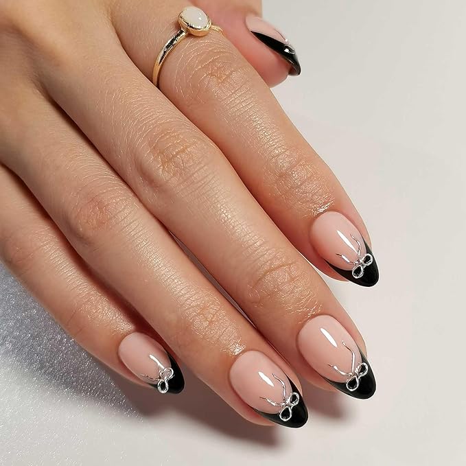 RPNZL Press On Nails - Black Tie | Black French Tip Press on Nails with 3D Bow Design - Soft Gel Almond Fake Nails I 32 Nails, 16 Sizes Kit with Glue and Adhesive Tabs I Female Founded