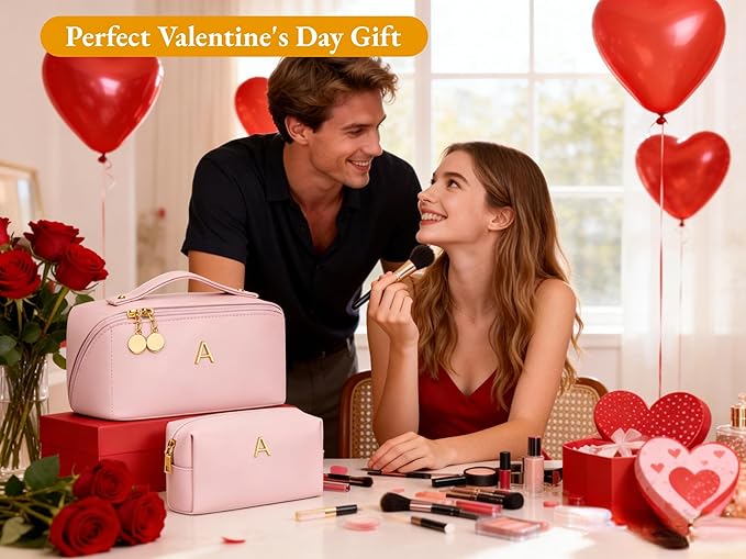 Valentine's Day Gifts for Women Teen Girl, Personalized Initial Makeup Organizer Bag Set, Open Flat Travel Cosmetic Bag With Clear Divider and Handle(Pink,D)