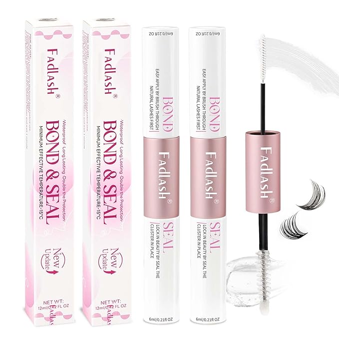 FADLASH Lash Bond and Seal Kit 2 Pcs Bond and Seal Lash Glue for Eyelash Clusters Waterproof Lash Clusters Glue Clear Stong Hold Long Lasting (12ml)