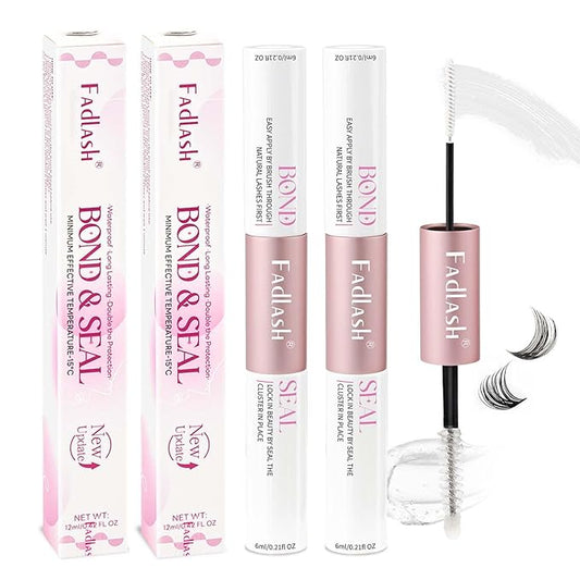 FADLASH Lash Bond and Seal Kit 2 Pcs Bond and Seal Lash Glue for Eyelash Clusters Waterproof Lash Clusters Glue Clear Stong Hold Long Lasting (12ml)