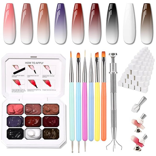 Karroy Christmas Gel Polish, 9 Colors Ombre Patting Gel Nail Polish Palette, 100 Sponges 6 Brushes 1Grabber, Blending Color Gradient Painting Nails Art, No Wipe, UV/LED Cured (Set 08)