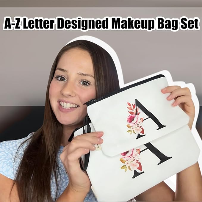 Vavabox A-Z Personalized Makeup Bag, Birthday Gifts for Women Mom, Gifts for Best Friend, Bride Bridesmaid Cosmetic bag (H, 03-White Set)