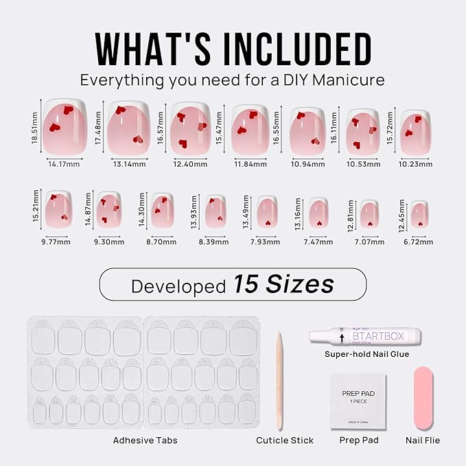 BTArtbox French Tip Press On Nails - Endless Love, Lamp-Curable Short Square Valentines Press On Nails with Glue and Adhesive Tabs for Women in 15 Sizes - 30 Soft Gel Glue On Nails Kit