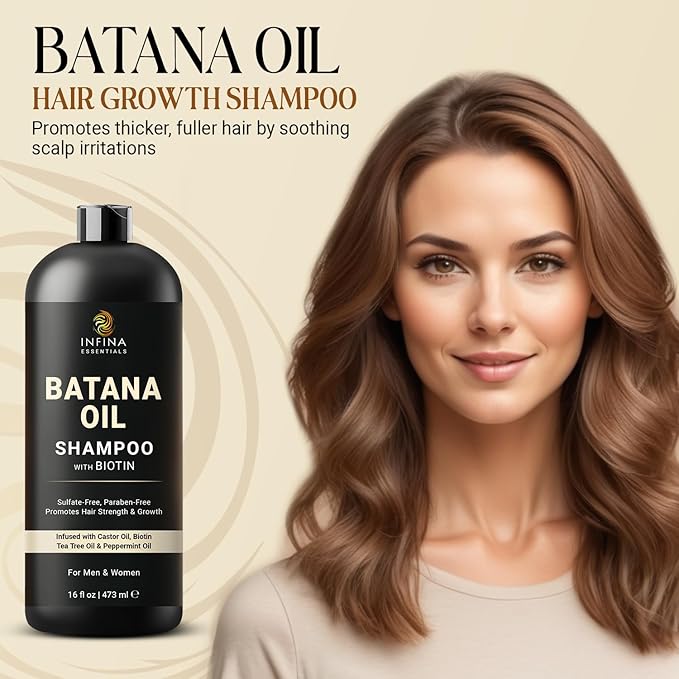 INFINA ESSENTIALS Batana Oil Shampoo | 16 fl oz | with Biotin & Tea Tree | Moisturizing, Strengthening & Nourishing Formula | Promotes Hair Growth and Thickness