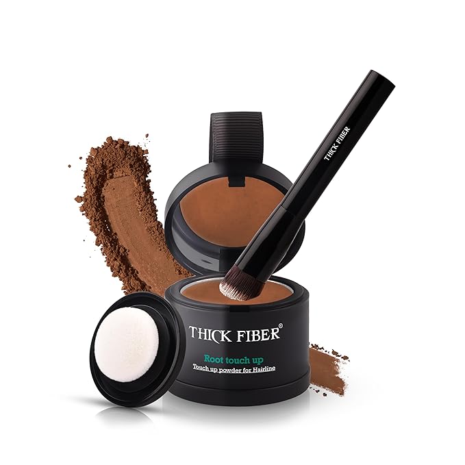 THICK FIBER Root Touch Up Set - Hairline Concealer for Thin and Thinning Hair, Water & Sweat Resistant, with Brush (Medium Golden Brown)