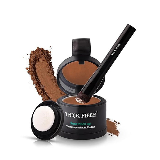 THICK FIBER Root Touch Up Set - Hairline Concealer for Thin and Thinning Hair, Water & Sweat Resistant, with Brush (Medium Golden Brown)