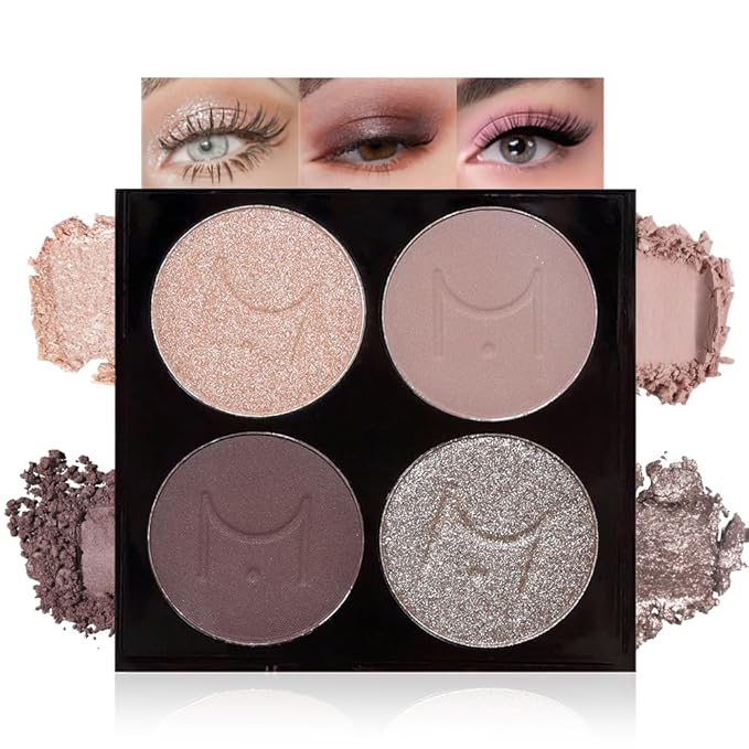 4-Color Neutral Nude Eyeshadow Palette – Matte & Shimmer Champagne Rose, Soft Taupe, Plum Brown & Silver Taupe Shades, High Pigment Blendable Mini Eye Shadow Kit for Daily Soft Glam & Blue Green Eyes
