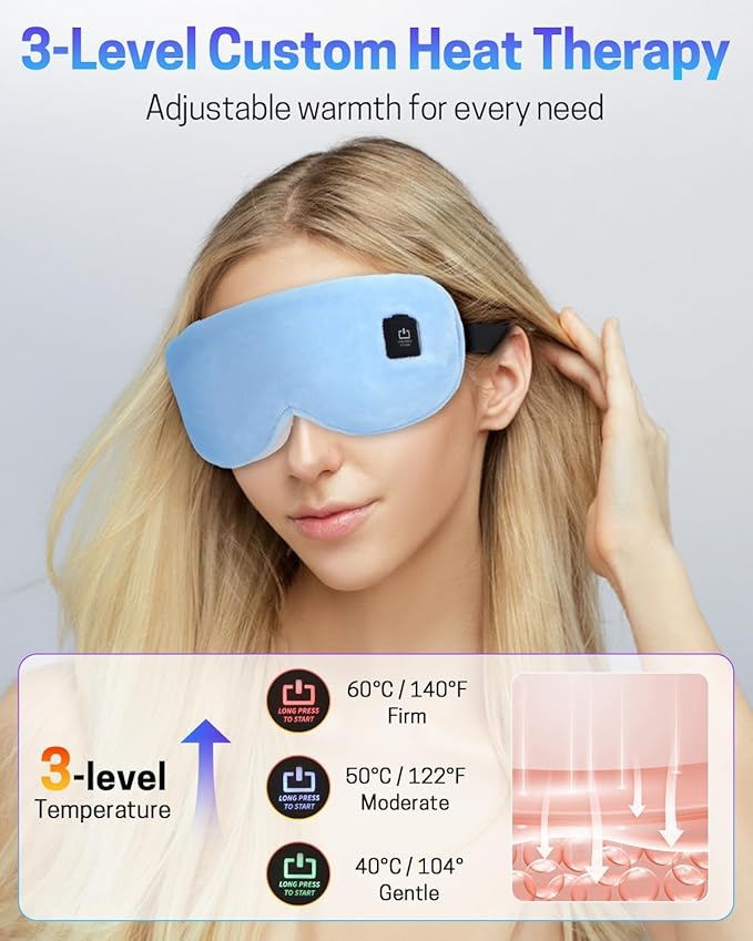 Heated Eye Mask for Dry Eyes, Stye Relief and Improved Sleep - Cordless Rechargeable Warm Compress with Graphene Heating, 3 Temp Settings, Auto Shut-Off, Washable Sleep Mask for Travel