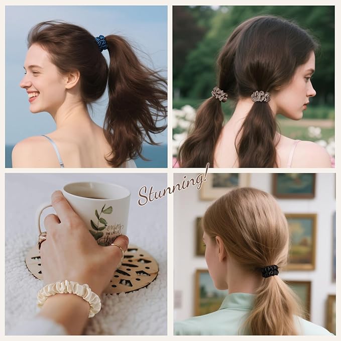 LULUSILK Small Silk Hair Ties No Damage, 100% Real Mulberry Silk, Skinny Scrunchies Ponytail Holders for Thin Fine Hair, Black Ivory and Brown, Pack of 3