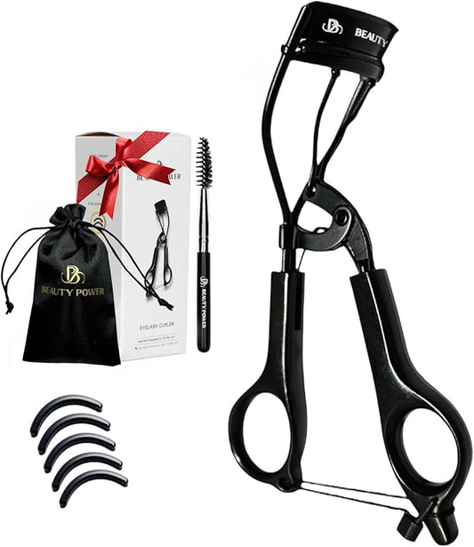Beauty Power Eyelash Curler - Precision Lash Lift in Seconds with 5 Replacement Pads, Eyebrow Brush & Satin Travel Bag - Gentle & Safe, German Stainless Steel for Perfect Extra Curls - Gift (Black)