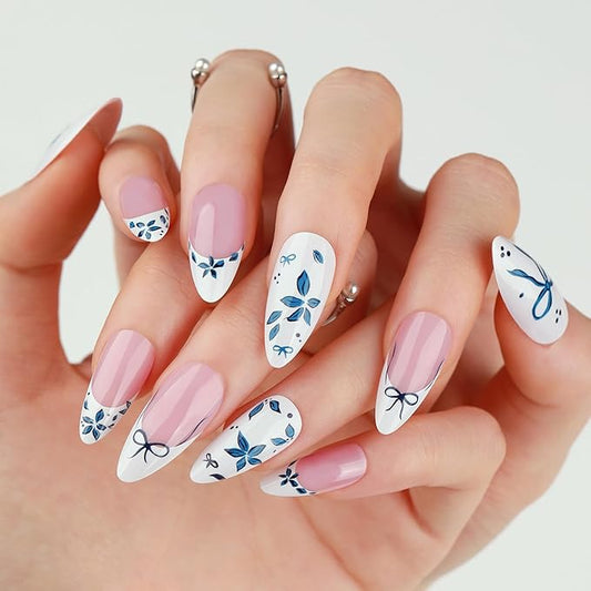 XZMeiLun French Tips Press On Nails Short Almond, Flower Bird Bow Sticke On Nail, Floral Designer Reusable Acrylic Nails Press Ons, Fake Nails With Glue On Nail, Daily Wea False Nail For Women