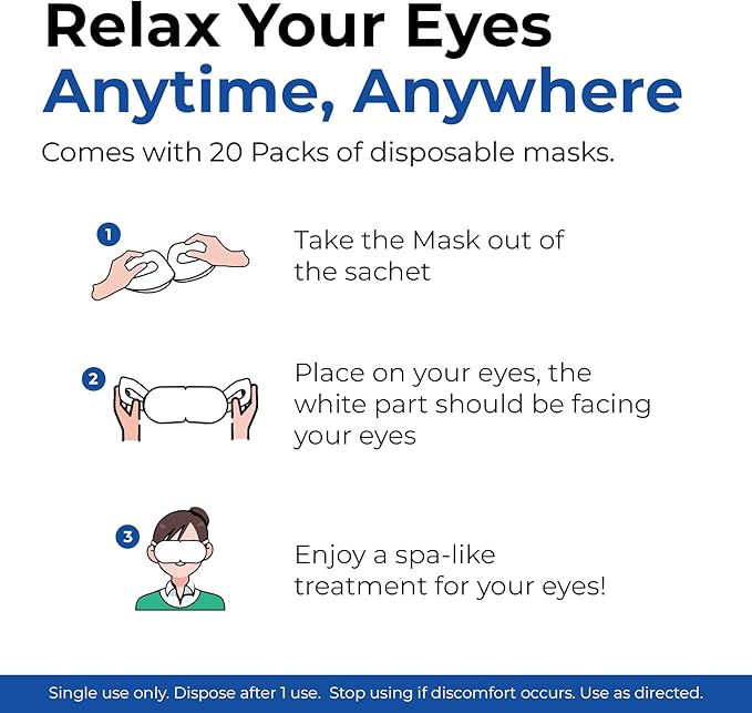 Steam Eye Mask for Dry Eyes | Self Heating Warm Compress for Eyes | Disposable Heated Eye Mask for Sleep, Spa, Travel Essentials & Relaxation Gifts for Women & Men (Unscented, 20 Pack)