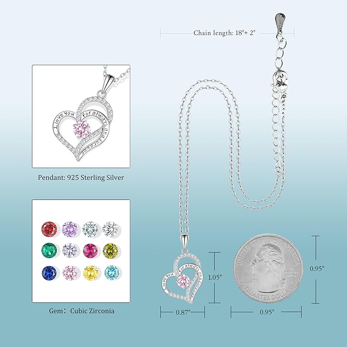 LynChoe Birthday Gifts Double Heart Birthstone Necklace for Women, S925 Sterling Silver Pendant Necklace Jewelry for Her Mother Mom Wife Girlfriend