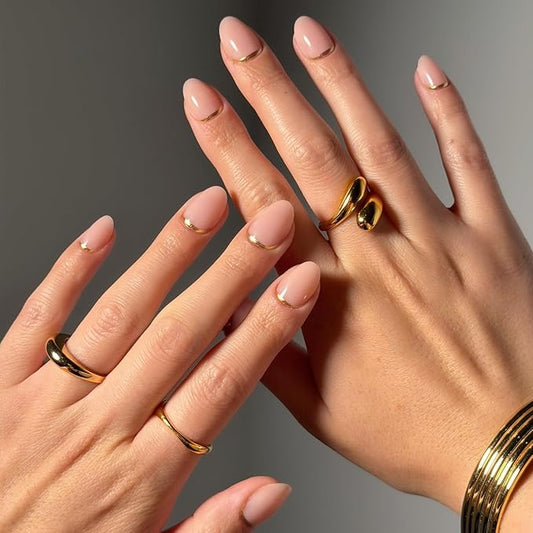 Glamnetic Press On Nails - Glam Goals | Short Oval Neutral Fake Nails with Gold Reverse French Tip, Salon Quality Nude Nails | 15 Sizes - 30 Nail Kit with Glue