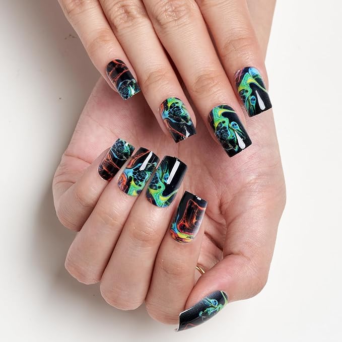 GLAMERMAID Black Press on Nails Medium Square, Tie Dye Gothic Gel False Nals, Ombre Color Oil Paint Emo Glue on Nails Kit for Women, Dark Comic Reusable Stick on Acrylic Fake Nails Manicure Set