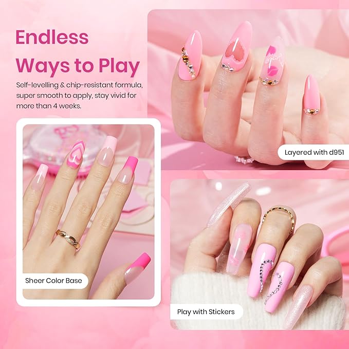 Beetles Pink Gel Nail Polish, 6 Colors Hot Pink Glitter Bright Jelly Gel Polish Soak off Uv LED Cured Nail Art Design Salon Home DIY Manicure Valentines Day Gifts for Women