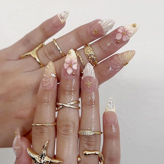 24Pcs Flower Press on Nails Almond for Summer, Ocean Star Shell Pearl Design Floral Fake Nails French Wear Medium Press Ons Nude Stick on Nails False Nails Set for Women