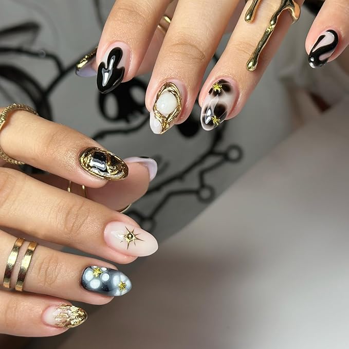Chrome Gold Press on Nails Almond Fake Nails 3D Gold Star Totem False Nails with Glitter Rhinestones Nail Designs Charms Press on Artificial Nails Glossy Full Over Stick on Nails for Women DIY Decor